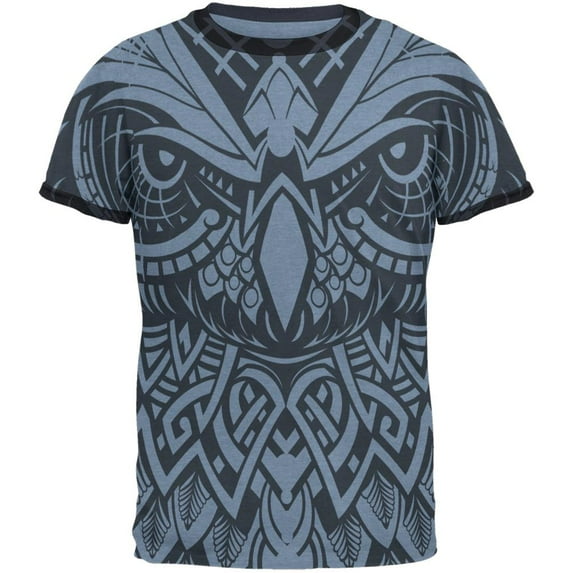 Trippy Tribal Owl Mens Ringer T Shirt Heather Blue-Navy 2XL