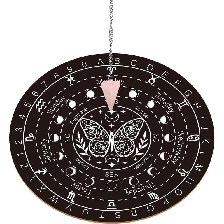 ANAHDMAKER 7.8 Tavola Del Pendolo Della Strega, Planchette Da Rabdomante In Legno con Pendoli Rabdomantici In Cristallo di Quarzo Rosa Strumenti di Divinazione - Fiore di Luna Farfalla