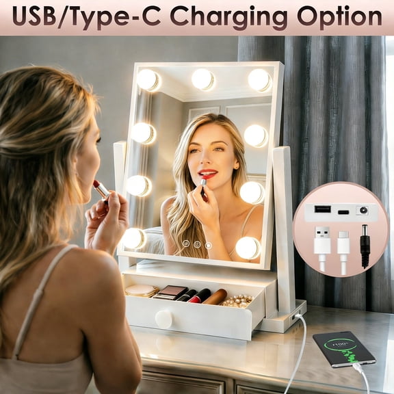 Vanity Mirror with Lights with Drawer, USB and Type C Port, Hollywood Makeup Mirror with 9 Dimmable Bulbs,3 Color Lighting Modes, Detachable 5X Magnification, Smart Touch Control, Gifts for Women