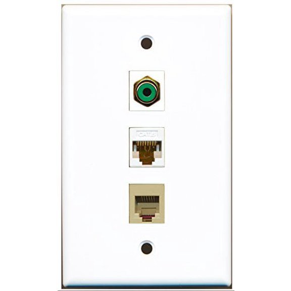 RiteAV - 1 Port RCA Green and 1 Port Phone RJ11 RJ12 Beige and 1 Port Cat6 Ethernet White Wall Plate
