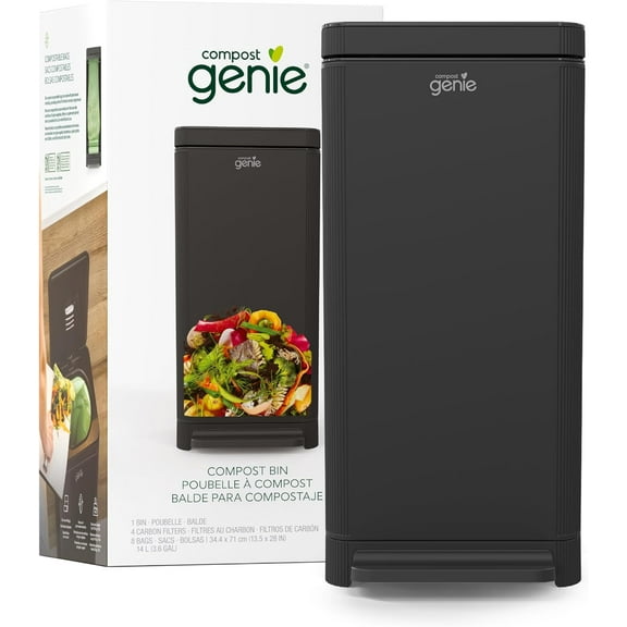 Kitchen Compost Bin, Black Stainless-Steel Large, 3.6 Gallon, Indoor Odorless Composting, Hands-Free, Washable Parts, Includes 8 Tear-Off Compostable Bags and 1 Carbon Filter