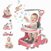 YUCHANG 4 in 1 Baby Walker with Wheels,Push Walker With Music Activity,Foldable and Height Adjustable,Pink