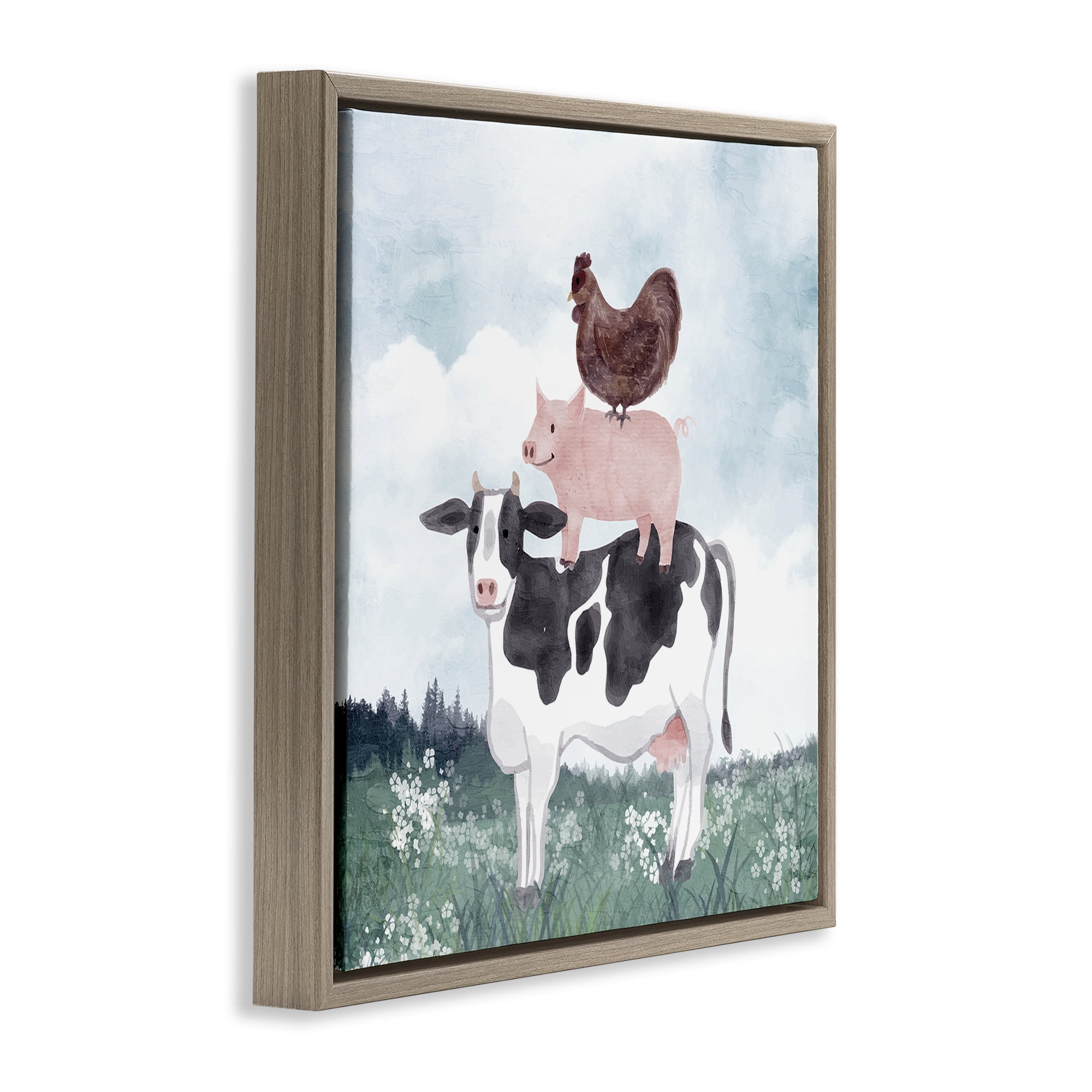 Stupell Industries Muted Stacked Farm Animals Brown Framed Floater Canvas Wall Art, design by Kim Allen