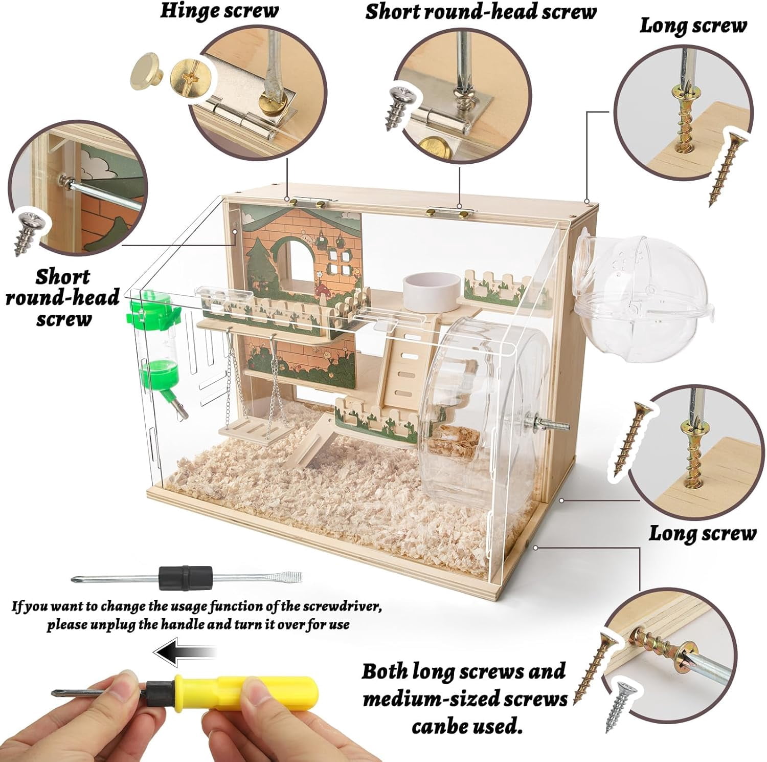 11 in 1 Wooden Hamster Cage with All Accories 15.8 Inch 3Layer Dwarf Hamster Cage Acrylic Small Animal Cages Pastoral Style Mouse Cage for Pet Mice Hedgehog with Stairs Fences and Swing