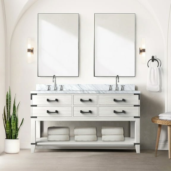 60 In. W X 22 D White Oak Bath Vanity With Marble Countertop, Solid Wood, Soft Close, And Copious Cabinet Storage 60" 22" Double Featuring Top, Wood Frame, Close Drawers, Ample