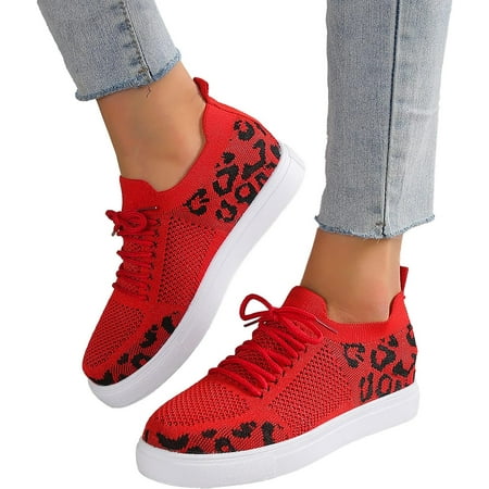 

Women s Platform Sneakers Soft Comfortable Lightweight Fashion Casual Low Heel Lace Up Walking Shoes for Women Leopard Print Mesh Knit Splicing Breathable Work Driving Sports Shoes
