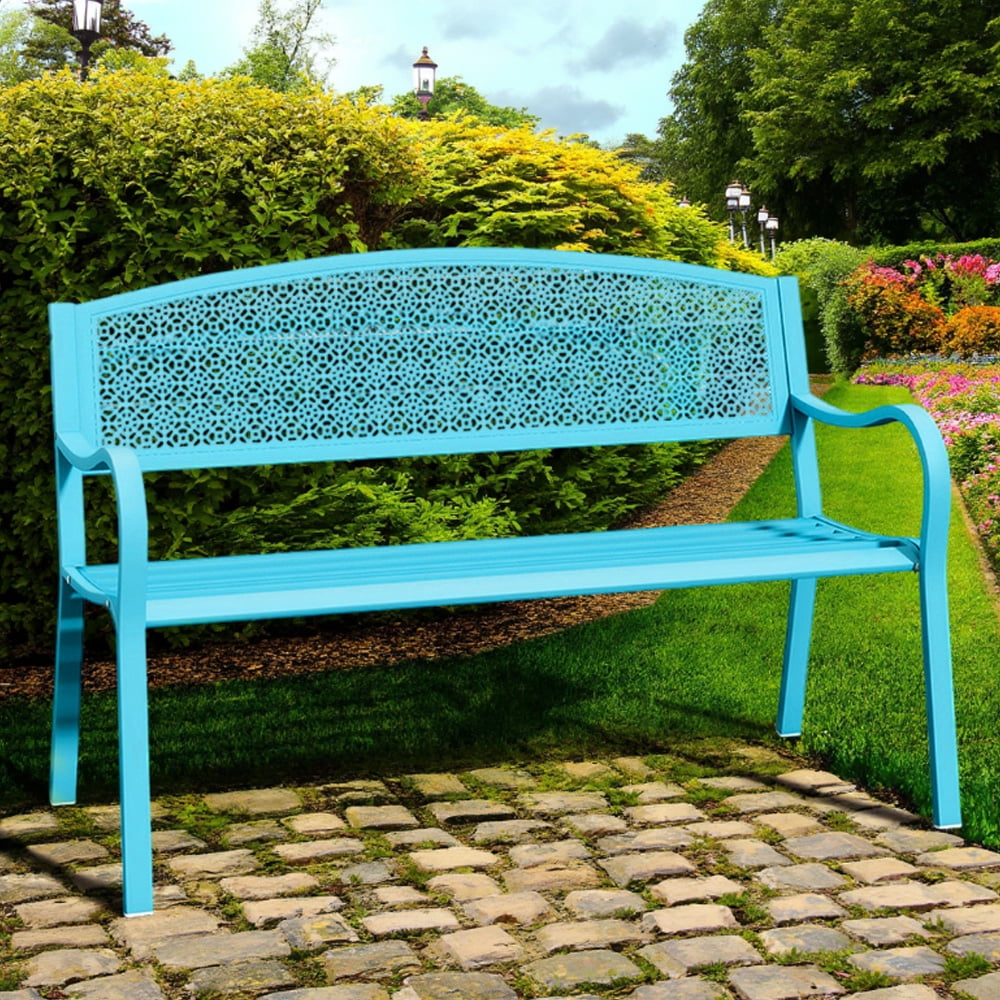 Abble High Back Outdoor Metal Garden Bench Steel Slat Patio Loveseat Park Bench for Porch Yard Lawn Patio Bench, Blue