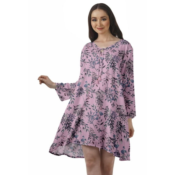 Moomaya Rayon Flared Dress For Womens Long Sleeve Printed V-Neck Casual Beach Dress For Girls