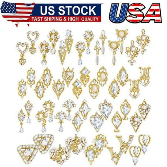 52Pcs Gold Nail Charms Rhinestones Heart Alloy 3D Dangle Nail Jewelry Charms