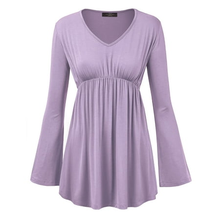Empire Waist Faux Wrap Top - MBJ WT1159 Womens V Neck Long Sleeve Empire Waist Tunic Top M LILAC