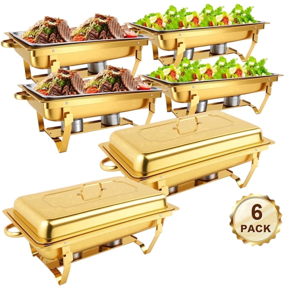Dish Buffet Set 6 Pack, 9QT Stainless Steel Square Chafing Dishes with Full Gold Plating Rack, Buffet Servers and Food Warmers for Catering, Parties, Weddings, Camping and Dinner Events