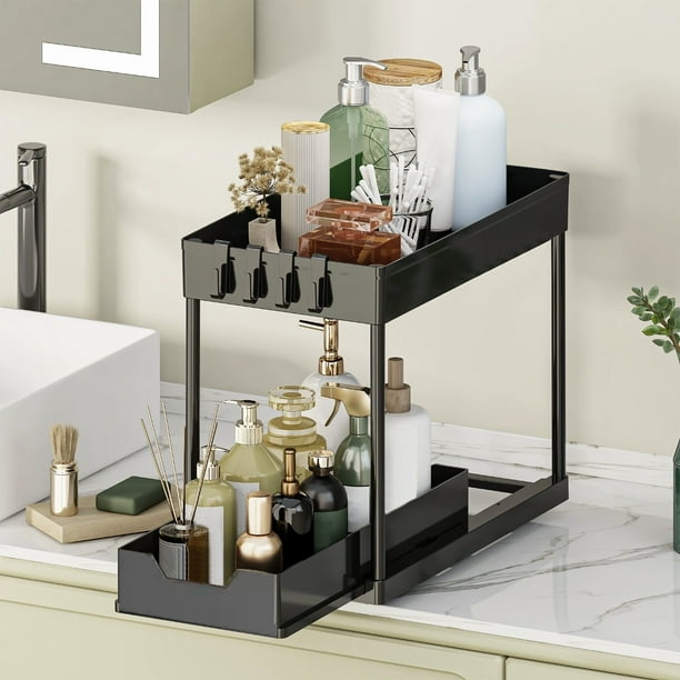 Organizador extraíble multiusos para debajo del fregadero | Cajón de plástico para debajo del armario | Organizador para armarios de cocina y baño | Fácil de instalar y duradero, ahorra espacio.