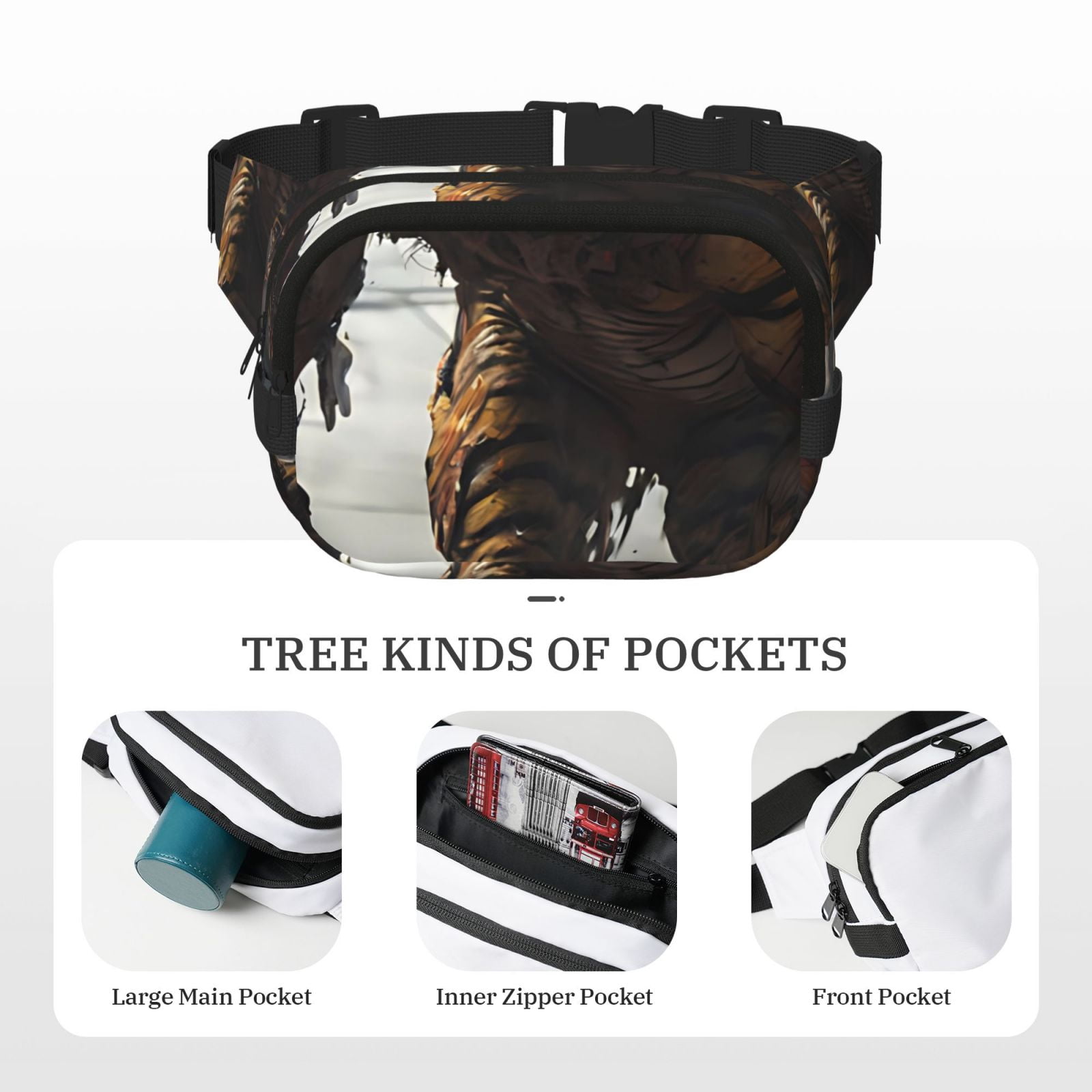Picia Ruins Tiger Warrior Print Square Double-Layer Waist Bag Mini Adjustable Waist Belt Bag Exercise Running Travel Hiking
