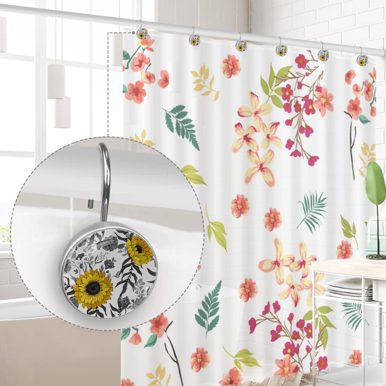 Sunflower Shower Curtain Hooks（Set of 12）for Home Hotel Shower Rods Bathroom Crystal Glass Print Stainless Steel Round Curtain Hooks