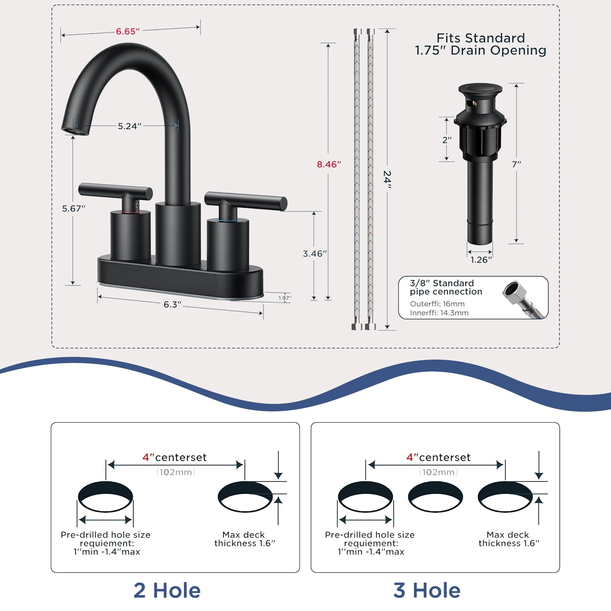 TVOFEK Bathroom Faucet 4 inch Centerset, Black 3 Hole Vanity Sink Faucet with Metal Pop up Drain for Lavatory RV, SUS316 Stainless Steel