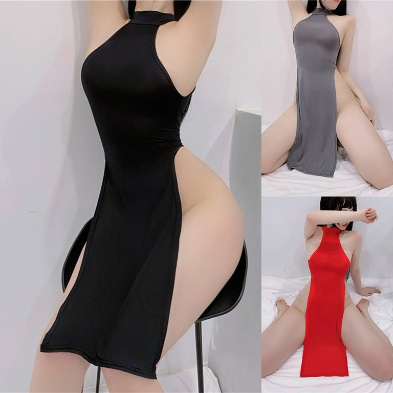 Women Underwear Pajamas Nightclub Party Suspender See-Through Slit Dress 