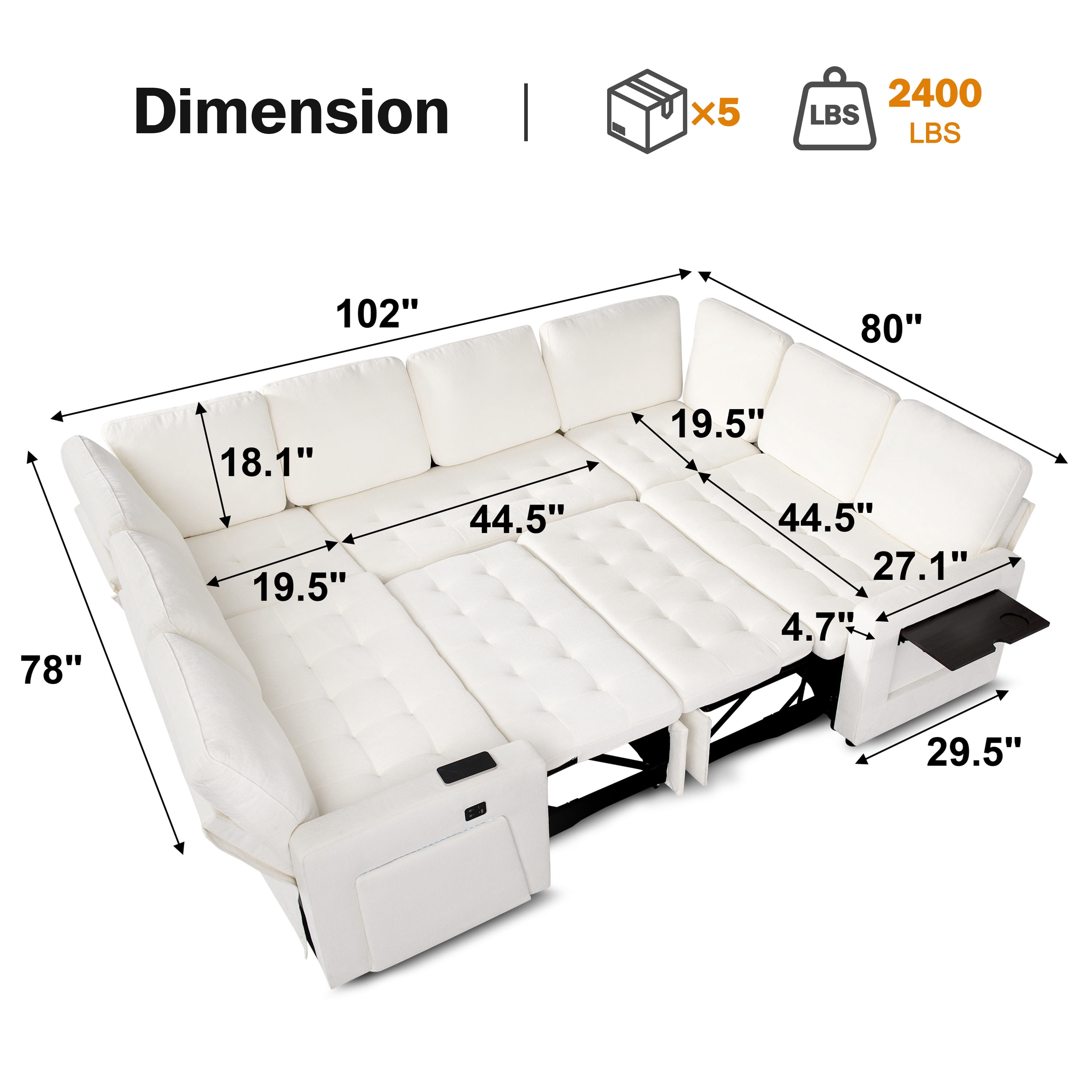 8-Seat U-Shaped Modular Sectional Sleeper Sofa with Pull-Out Bed, Adjustable Reclining Backrest, Storage Seats, USB Ports & LED Lights, Easy Tool-Free Assembly