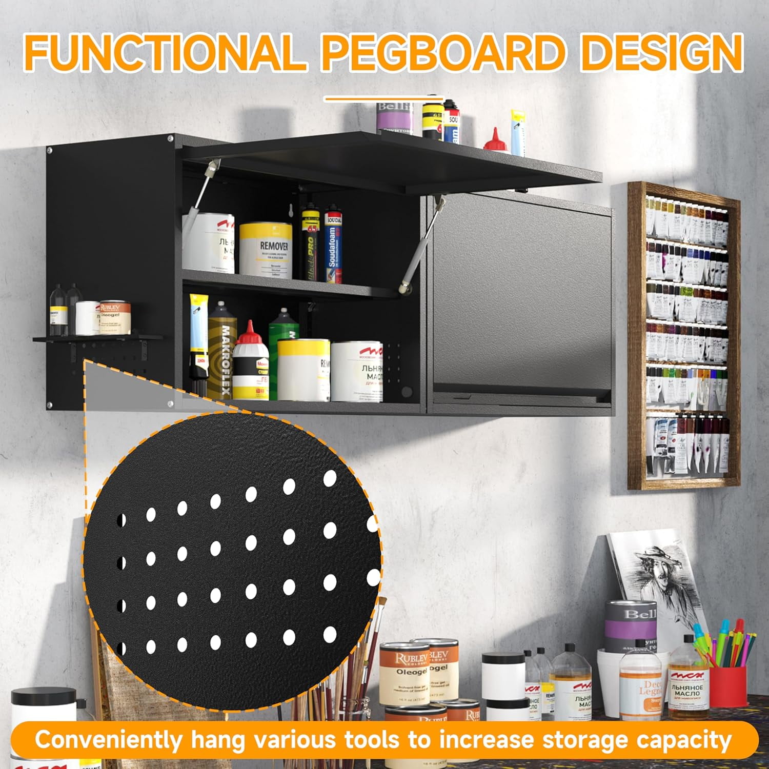 Metal Wall Cabinet with Up-flip Door,Wall Mounted Tool Cabinets with Pegboard,Metal Wall Storage Cabinet with Adjustable Shelf for Garage,Basement,Home Office, Kitchen,Warehouse（Black）