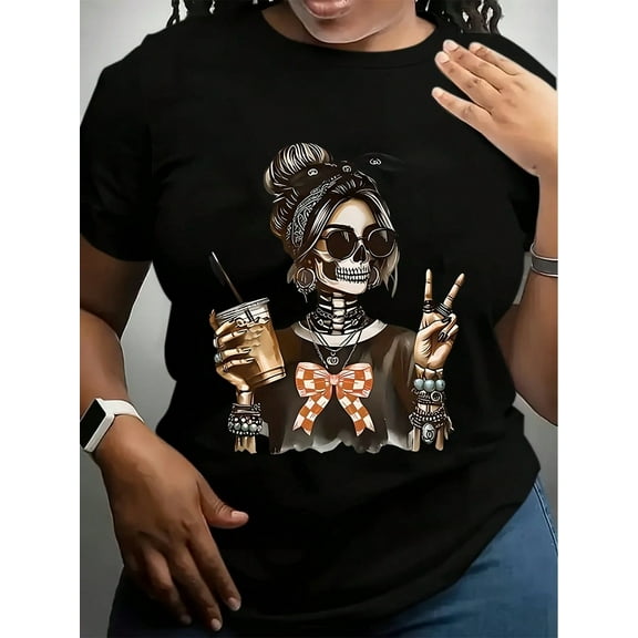 Women's Casual Graphic T-Shirt - Black Geometric Skeleton Print With Fashion Glasses & Accessories, Soft Stretch Round Neck Short Sleeve Top For Spring Summer, Machine Washable Regular Fit, Ladie