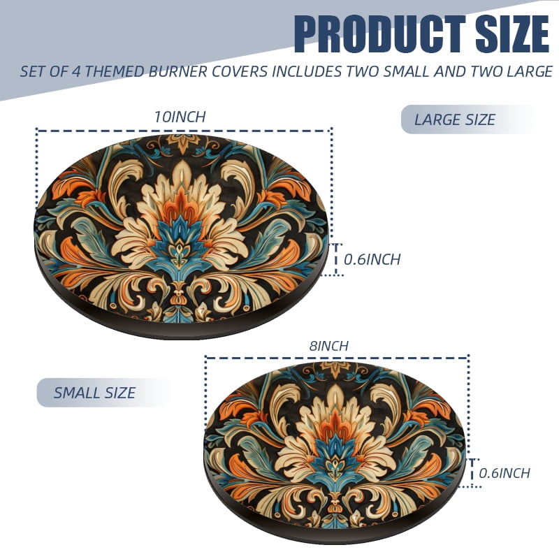 Round Metal Electric Stove Burner Cover, Vintage Boho Mandala Chic Flower Durable Easy to Clean Gas Stove Burner Covers Set of 4 for Kitchen Decor, 8 Inches and 10 Inches