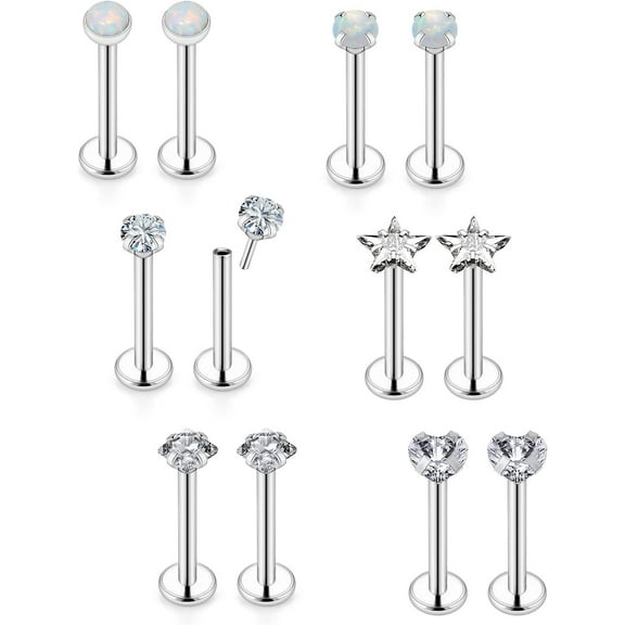 16G 18G 20G Threadless Lip Rings Surgical Steel Nose Rings Studs Tragus Helix Conch Cartilage Earrings Piercing Jewelry Women Men 6 Fine Push in Stainless Flat Back Lobe Stud for Diamond CZ[z153]