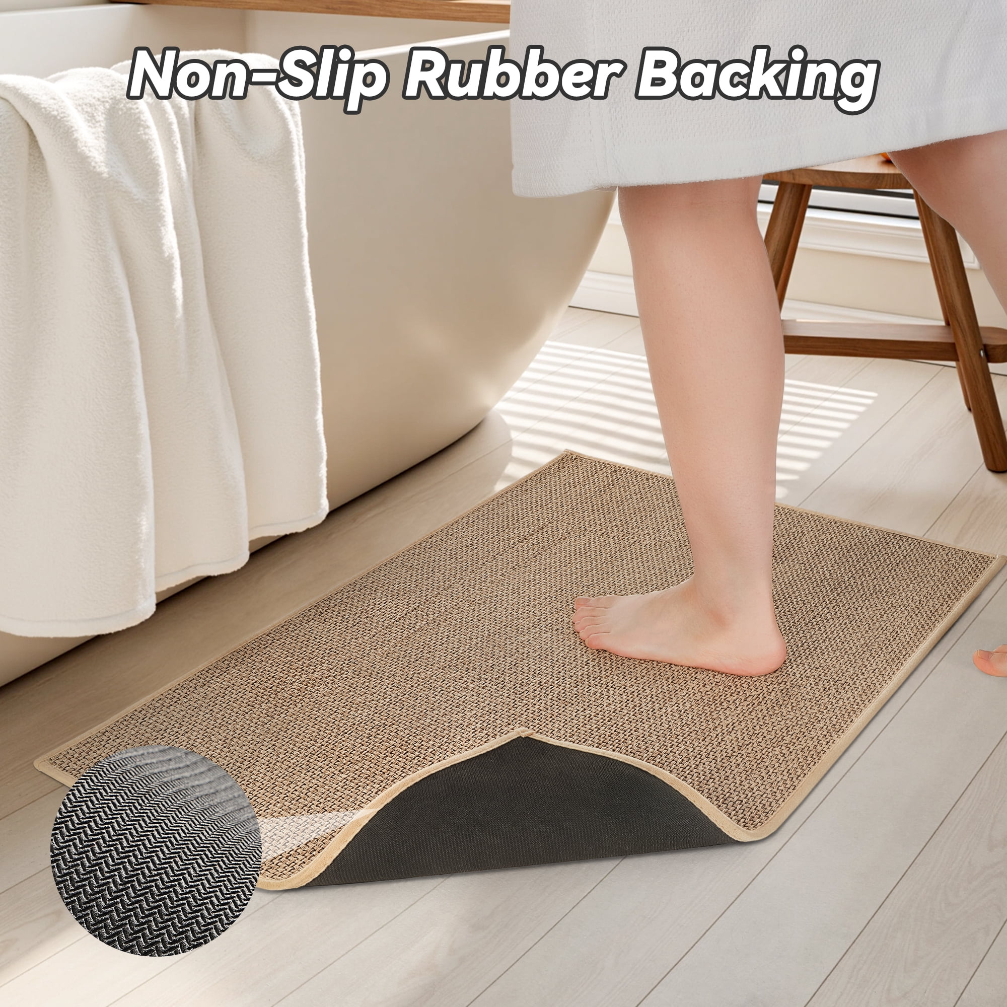 SIXHOME Bathroom Rug Set of 2 Non Slip Bath Mat Super Absorbent Quick Dry Thin Soft Woven Braided Bath Rugs with Rubber Backing Machine Washable Farmhouse Bathroom Mats Fits Under Door 16"x24" Beige