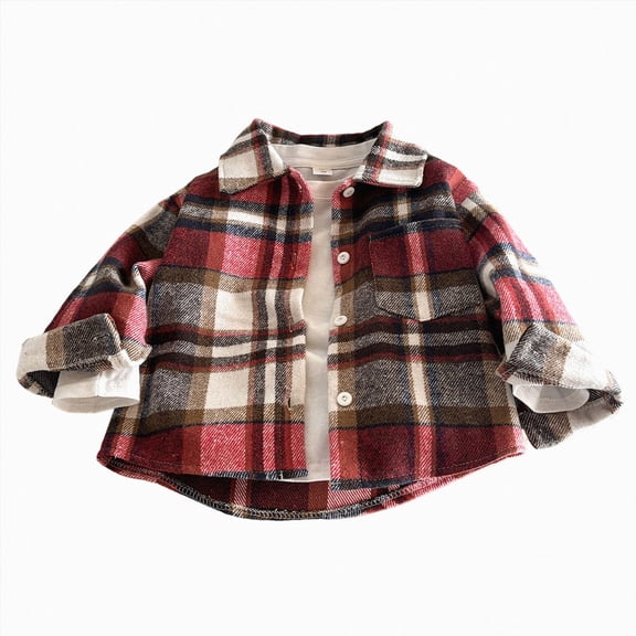 JUMEYU Boys Shirts Button Toddler Boys Flannel Plaid Printed Coat Collar Button Down Jacket Kids Casual Outwear with Pocket Jacket Size 10-11 (Red,10-11 Years)