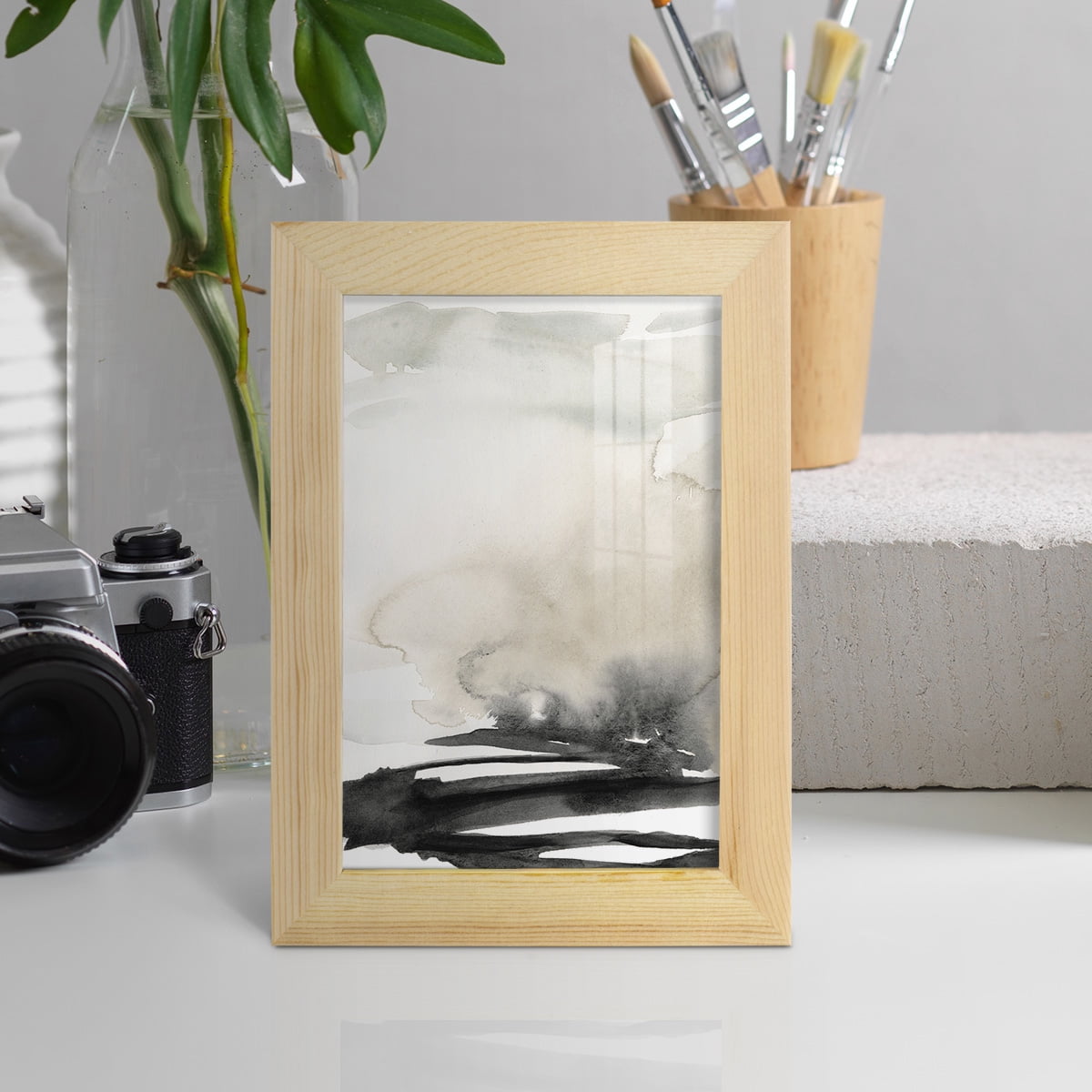 Ebony Horizon Triptych I - Framed Print w/glass - Natural Wood