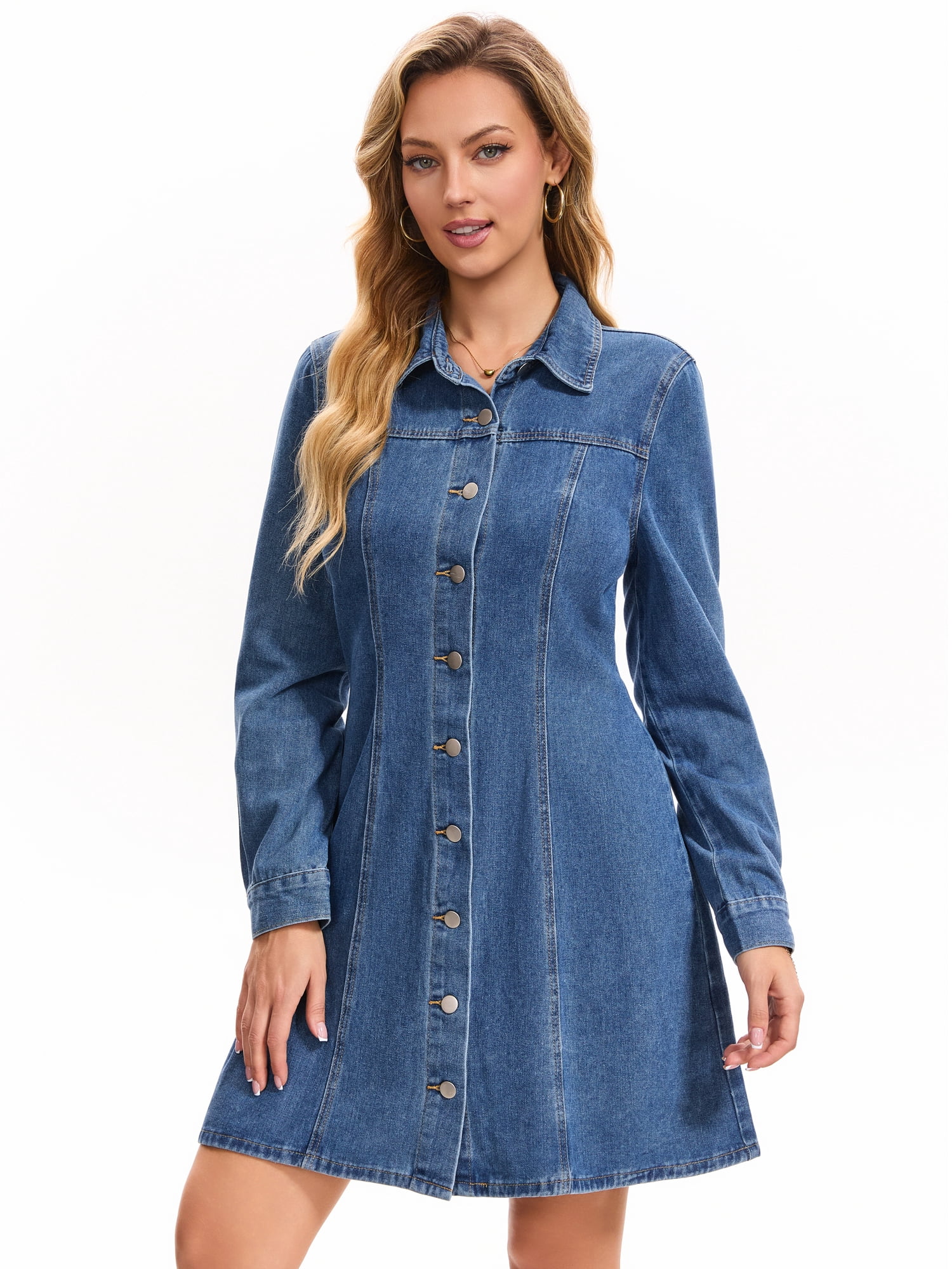 DARING DIVA Women's Denim Dress Long Sleeve Button Front Mini Dress L Blue
