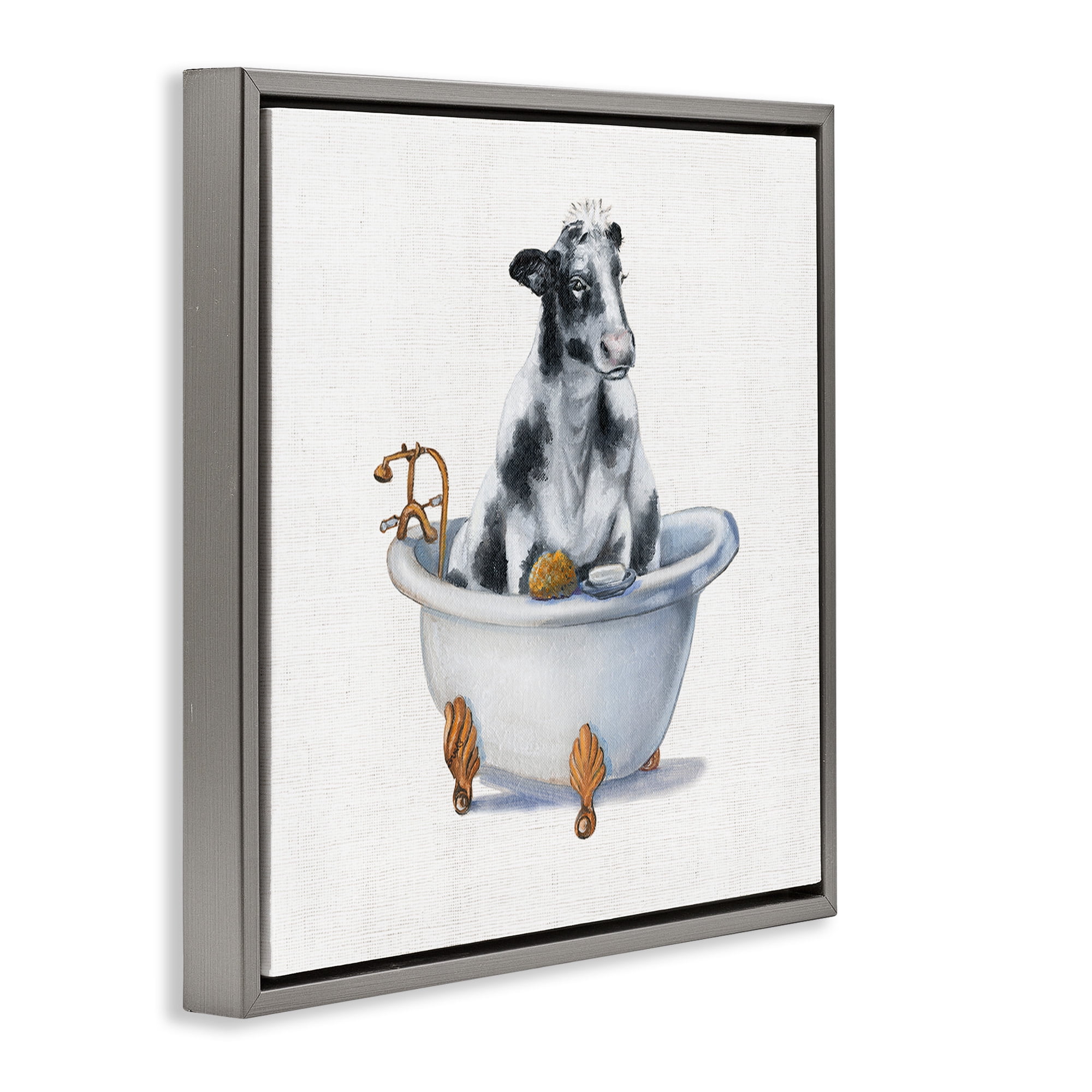 Stupell Industries Dairy Cow in Bathtub Animals & Insects Painting Gray Floater Framed Canvas Art Print Wall Art, 18 x 18