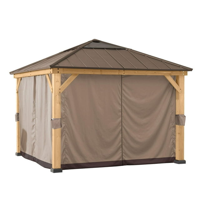 Sunjoy universal curtains fitted on a 9 ft. × 9 ft. wood-framed gazebo with taupe fabric panels and dark brown trim under a metal roof.