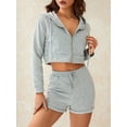 thumbnail image 3 of Seyurigaoka Women 2 Pcs Pants Suit Plain Long Sleeve Hooded Zip-Up Crop Jacket + High Rise Drawstrings Short Pants Ladies Casual Streetwears, 3 of 9