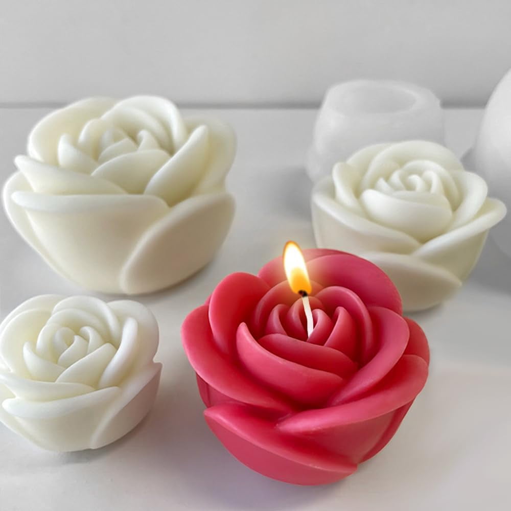 ABCISI 3pcs 3D Rose Flower Candle Mold, Silicone Flower Molds for Candle Making Supplies, Floral Epoxy Resin Molds for DIY Scented Candles Soap Cement Gypsum, 3 Sizes