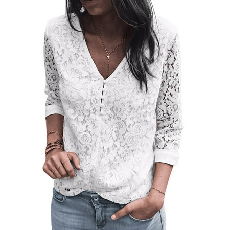 Lace Shift - STARVNC Women Two Side Wear 3/4 Sleeve V Neck Hollow Lace Splice Blouse