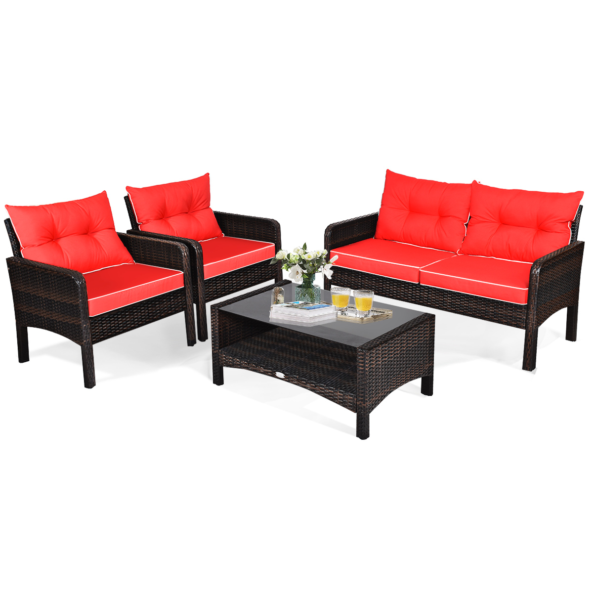 Gymax 4PCS Rattan Patio Conversation Set Red Cushioned Outdoor Furniture Set - image 2 of 9