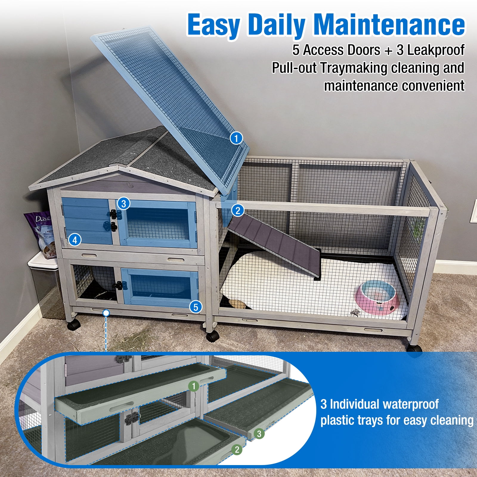 Suumerpety Rabbit Hutch on Wheels Indoor Rabbit Cage Outdoor Bunny Hutch with 3 Plastic Trays & Anti-Chew Ramp Metal Frame Guinea Pig Cage Gray