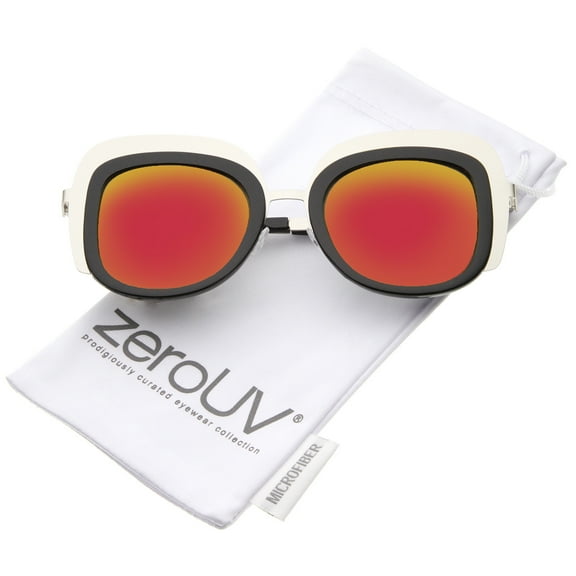 zeroUV Female Oversize Metal Frame Border Colored Mirror Lens Square Sunglasses (Gold-Black / Magenta-Orange Mirror) - 50mm