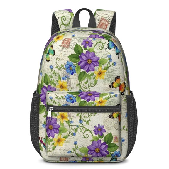 Butterfly and Floral Purple Pattern 17" School Backpacks for Teens,Waterproof Oxford Fabric,S-Shape Padded Straps for School,Travel,Hiking,Camping