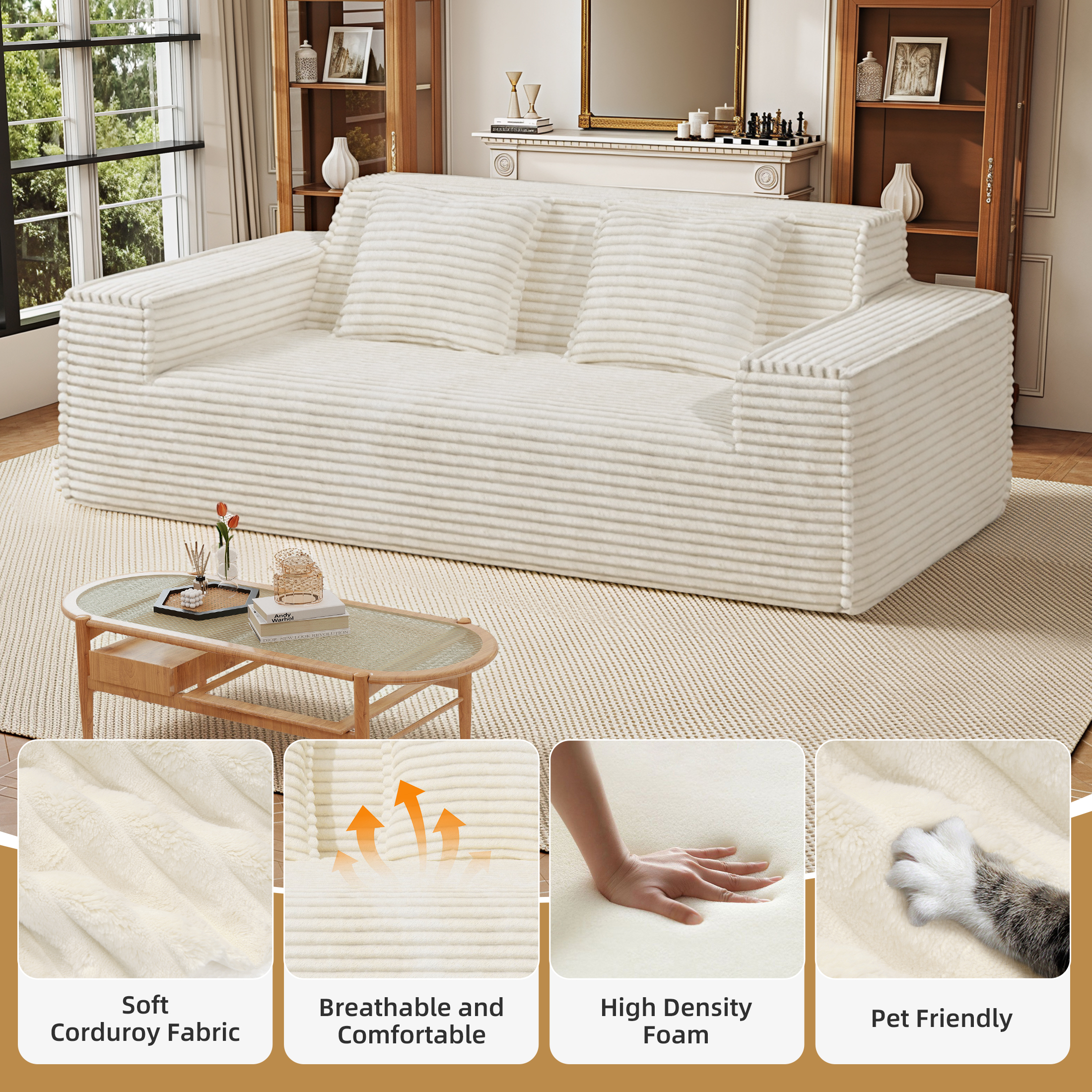 Hawsaiy 75" Corduroy Loveseat Sofa with Wide Armrests & Removable Pillows, No Assembly Foam Couch, Vacuum Packed, High-Density Support,Beige