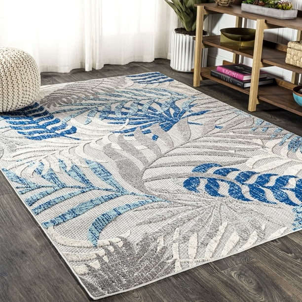 Tropics Palm Leaves Indoor/Outdoor Gray/Blue 8 ft. x 10 ft. Area Rug