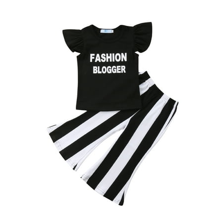 

Huyghdfb Baby Girls Summer Clothes Set Letter Print Tops+Stripe Bell Bottom Pants