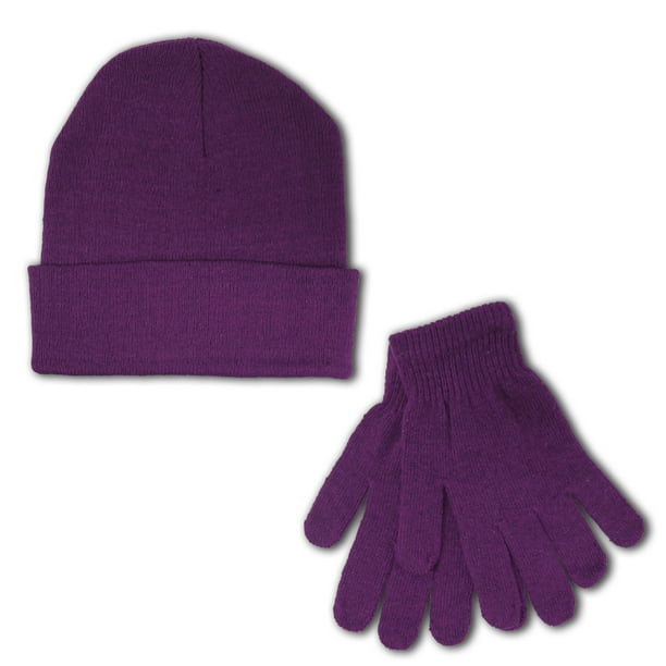 CC Fashion Women's Winter Beanie Hat Gloves Bundle Warm Set (Purple