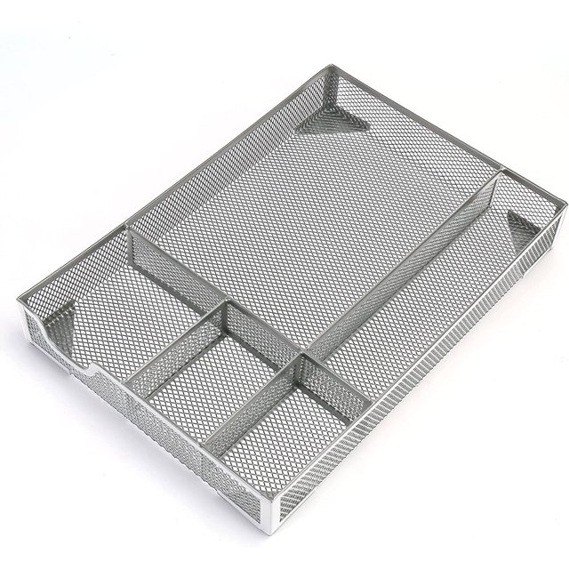 Organizador de cajones de escritorio, malla metálica, 5 rejillas de gran espacio, caja de almacenamiento organizadora de escritorio multiusos, 31,5 x 21,5 x 4,5 cm