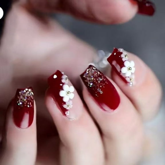 24 Pcs Flowers False Nails Reusable Artificial Nails Short Full Covers on Nails Glittering Press On Nails