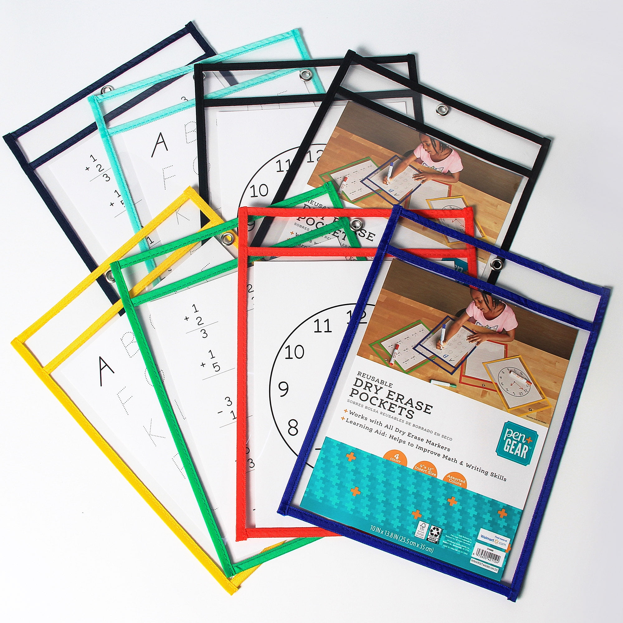 Pen + Gear Reusable Dry Erase Pockets, Assorted Colors, 4 Count