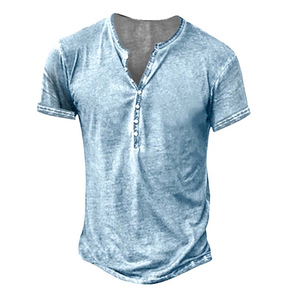 Short Sleeve Vintage Washed Men Casual Henley Shirt Male Button Down Blouse