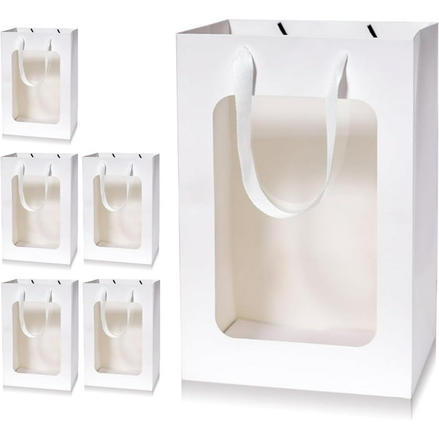 6 bolsas de regalo de papel con ventana transparente Kraft bolsas de compras con asas, 11.8 x 7.8 x 6.3 pulgadas, bolsas de regalo de fiesta para regalo, boda, cumpleaños, fiestas (blanco,