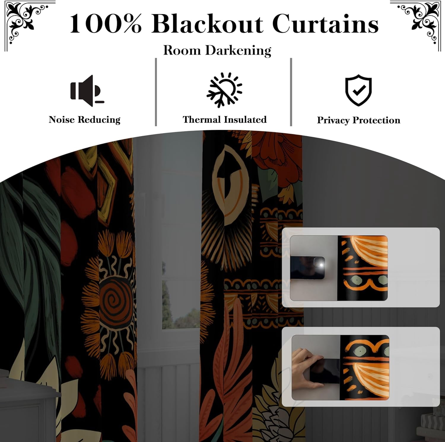 Tyrot 2 Panels 100% Blackout Black Boho Floral Curtains Bedroom Farmhouse Curtains, 52" x 84"
