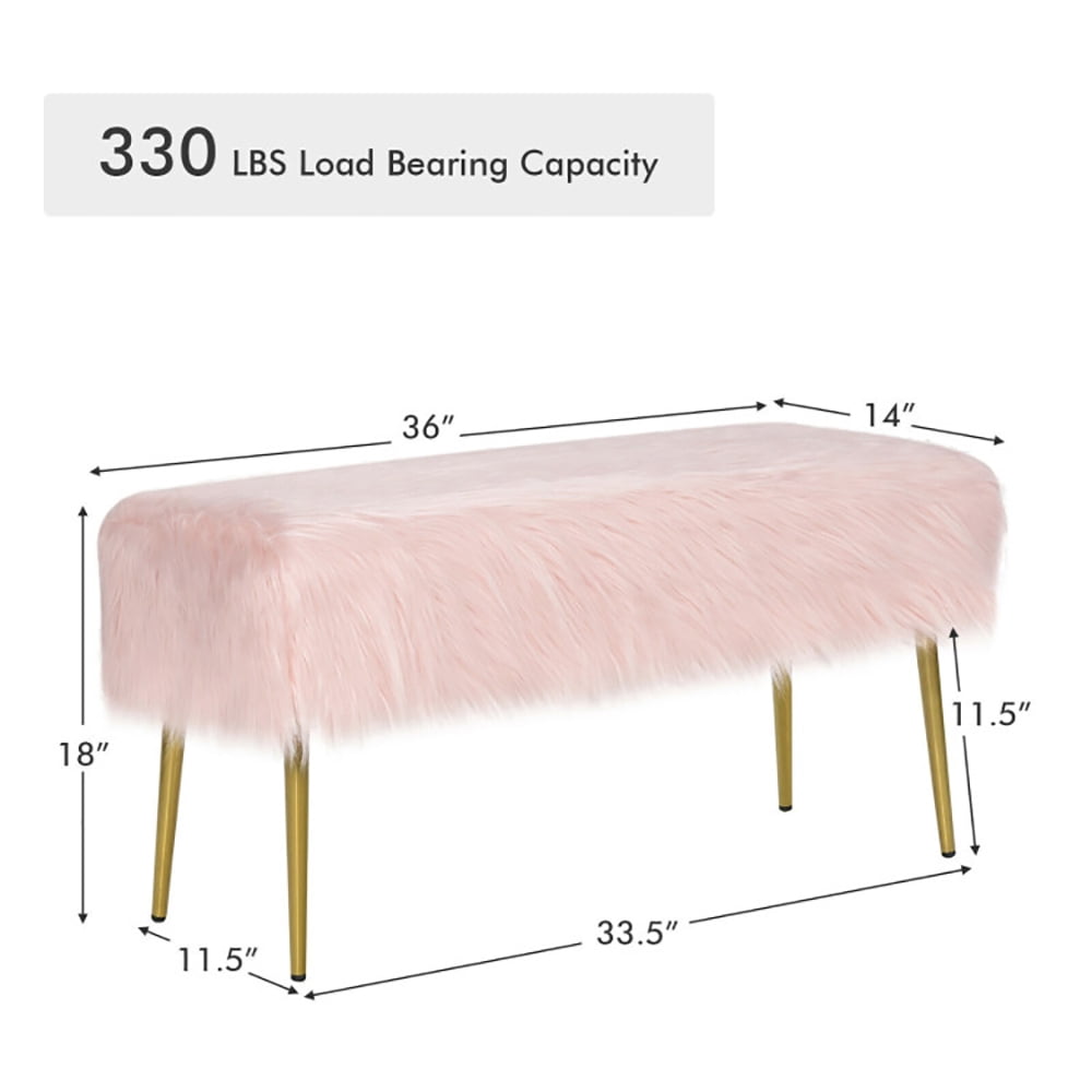 Finihen Upholstered Faux Fur Vanity Stool Chair, Footstool Ottoman, Vanity Stool with Golden Metal Legs, Decorative Furniture Footrest, for Makeup Room, Living Room, Bedroom, Pink