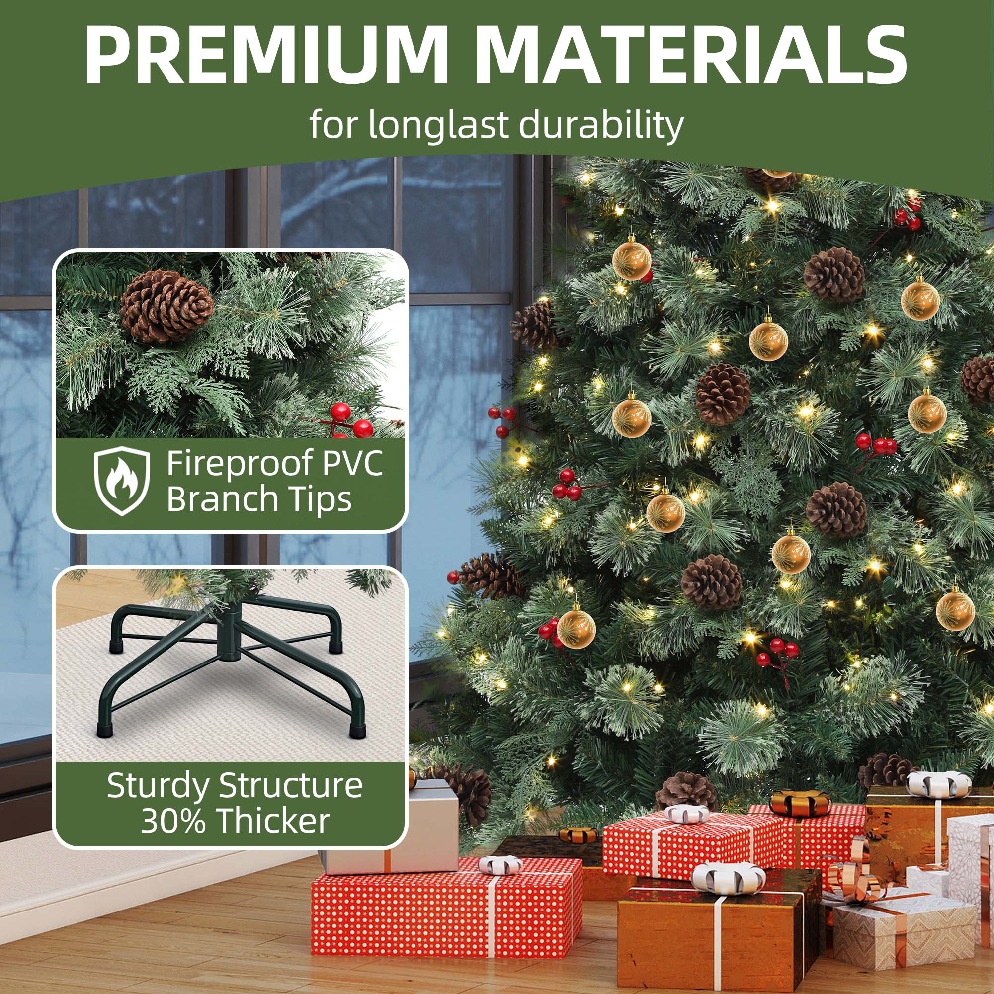 Uforic 7.5 ft Prelit Artificial Carolina Pine Christmas Tree with 1200 Tips & 400 Lights, Remote Control, Green